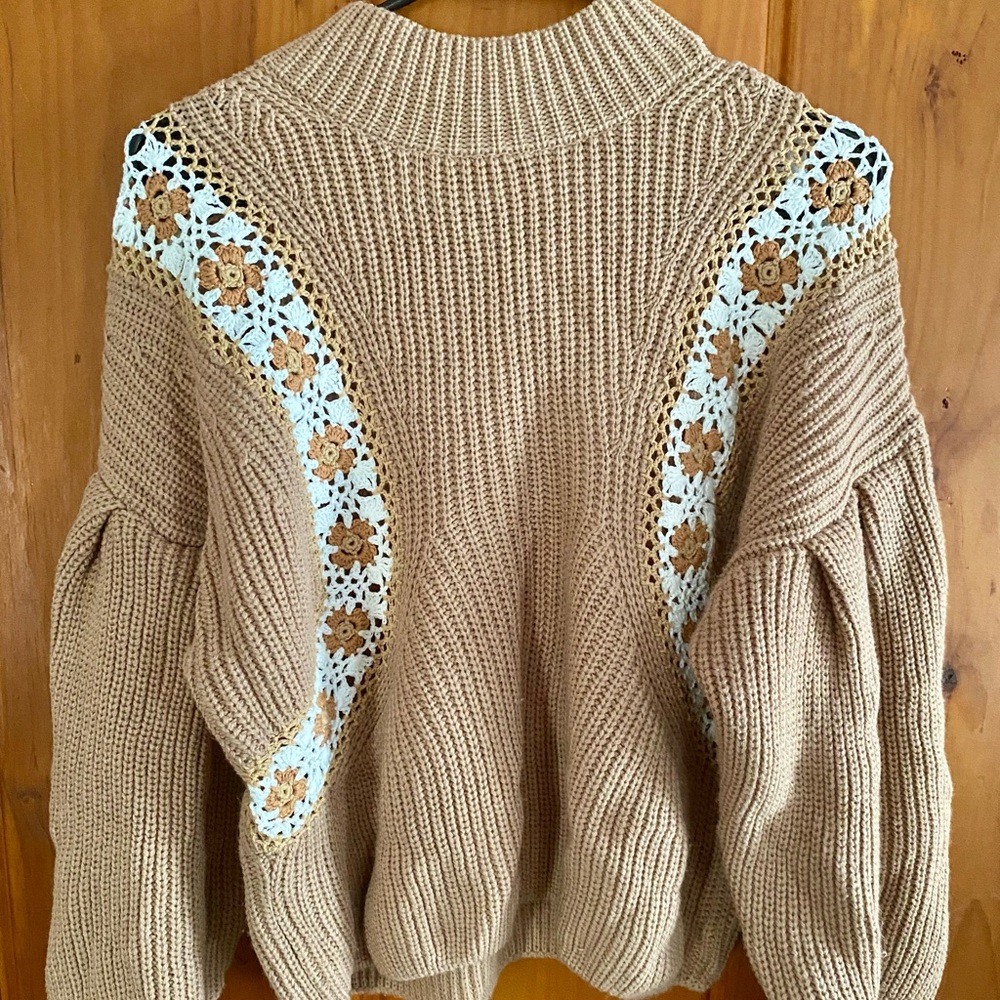 Tan Wool-Blend Knit Sweater with Crochet Accents